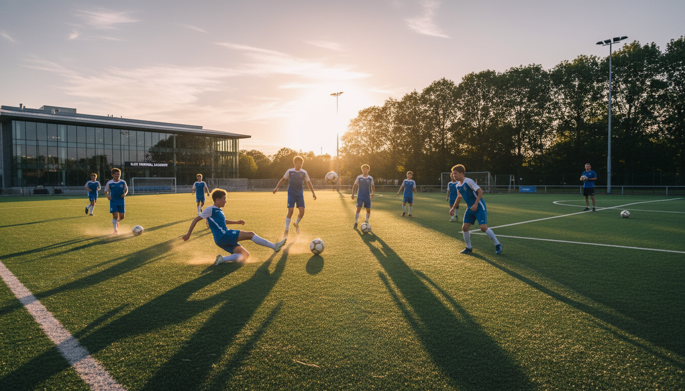 Çim sahada futbol antrenmanı yapan genç sporcular